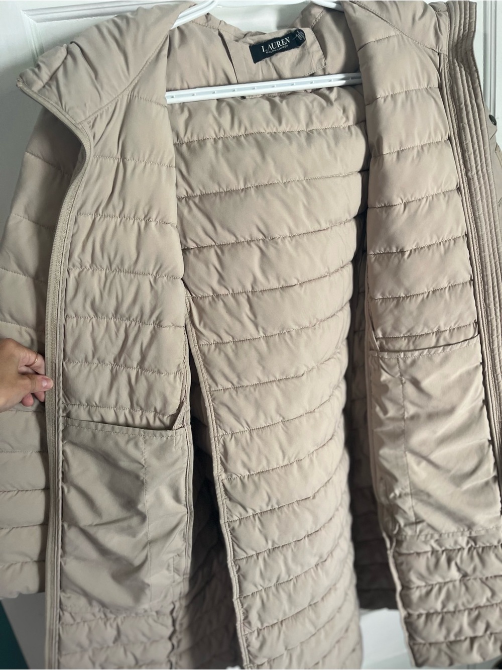 Lauren Ralph Lauren Women's Hooded Quilted Coat in Taupe, size medium - Picture 2 of 8